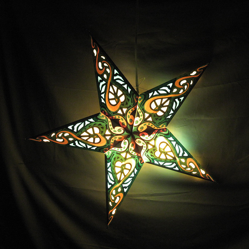 Green with Yellow Heart Paper Star Lantern, Hanging Decoration, Hanging Ornaments, Power Cord Included