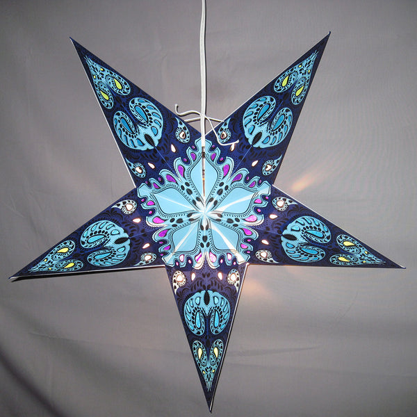 Paisley Blue Paper Star Lantern, Hanging Decoration, Hanging Ornaments, Power Cord Included