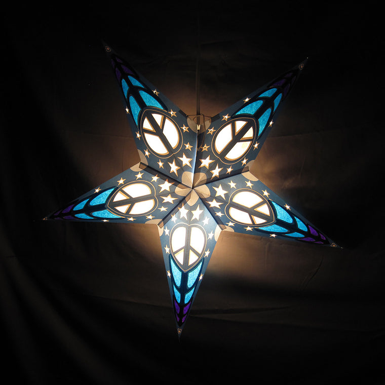Peace  Blue Paper Star Lantern, Hanging Decoration, Hippie, Boho, Hanging Ornaments, Power Cord Included