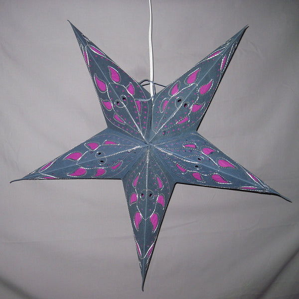 Denim Blue Pink Petal Embroidered Paper Star Lantern, Hanging Decoration, Hanging Ornaments, Power Cord Included