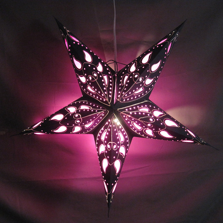 Denim Blue Pink Petal Embroidered Paper Star Lantern, Hanging Decoration, Hanging Ornaments, Power Cord Included